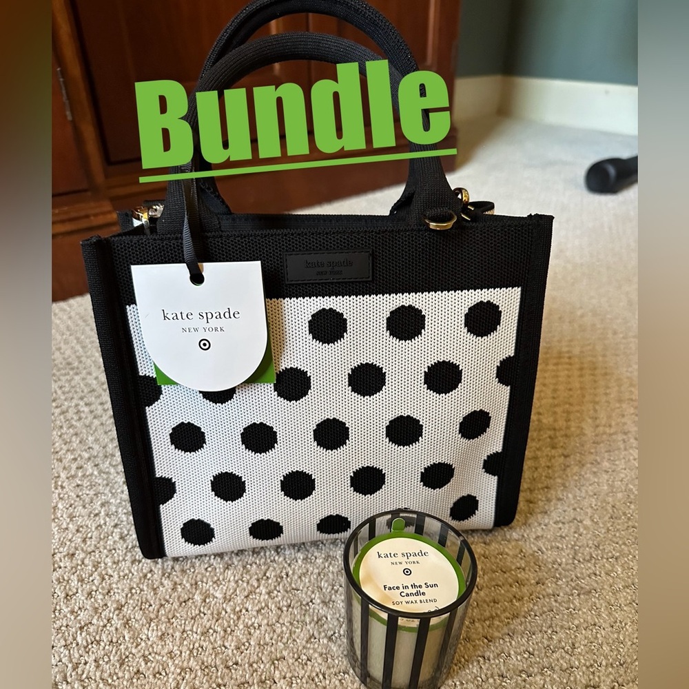 Kate Spade Black & White Polka Dot Bag bundled with bonus Kate Spade candle
